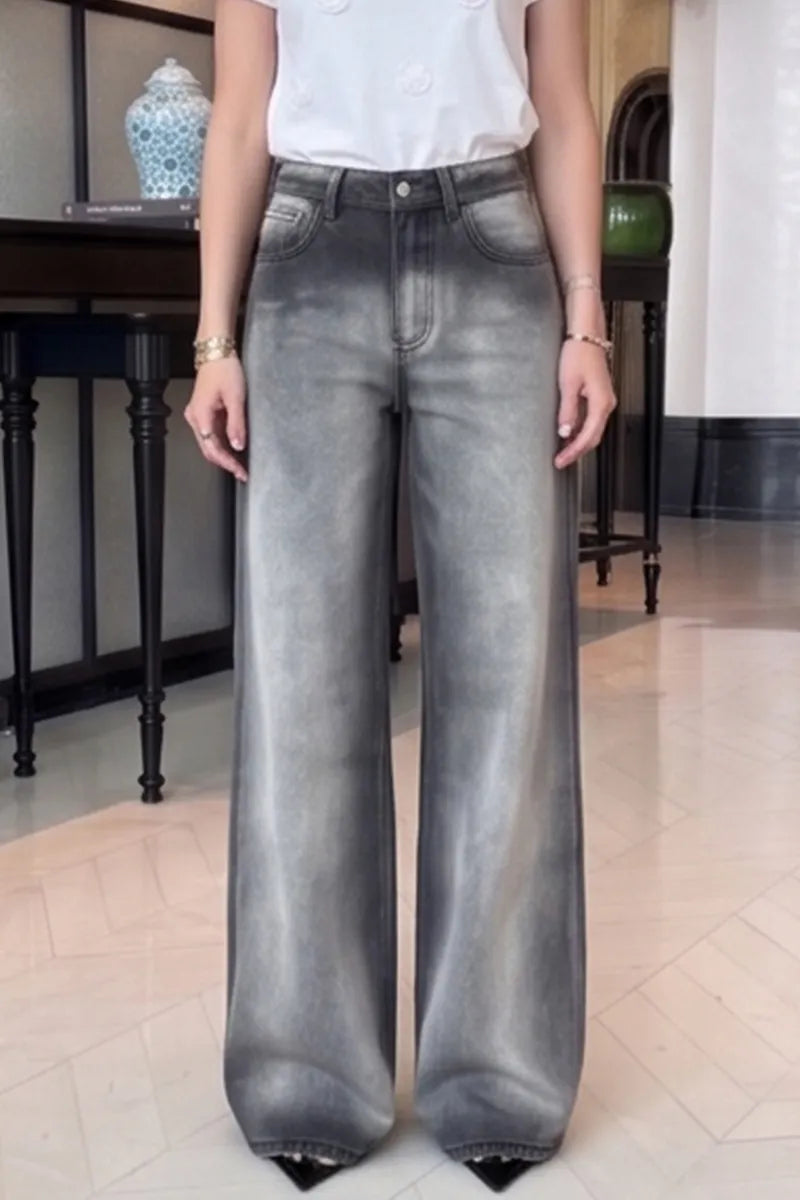 Women's Casual Loose Fit Wide Leg Jeans With Gradient Wash