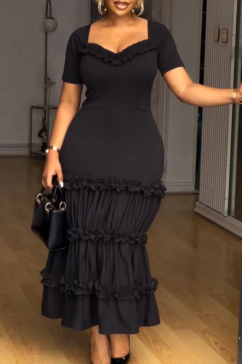 Women's Square Collar Spliced Waist Cinching Solid Color Elegant Casual Dress