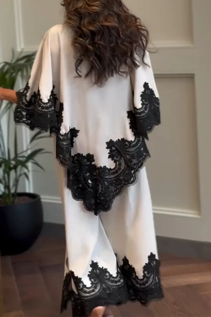 Women's Round Neck Patchwork Lace Patterned Top+ Wide Leg Pants Elegant Temperament Set