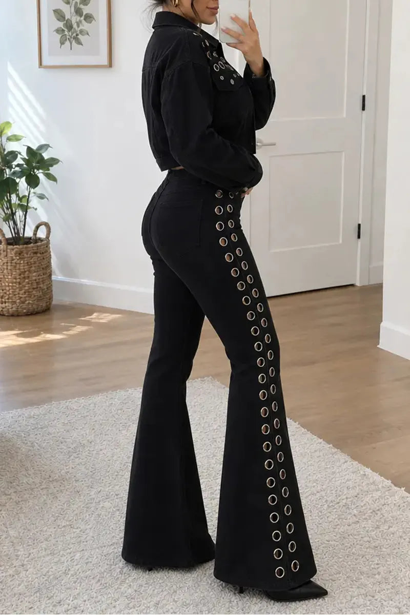 Women's Flare High Waist Denim Grommet Black  Jacket or Trousers