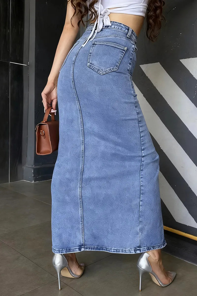 Women‘s Vintage Washed Front-Slit Denim Skirt