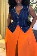 Women Casual Patchwork Denim Top or Split Skirt
