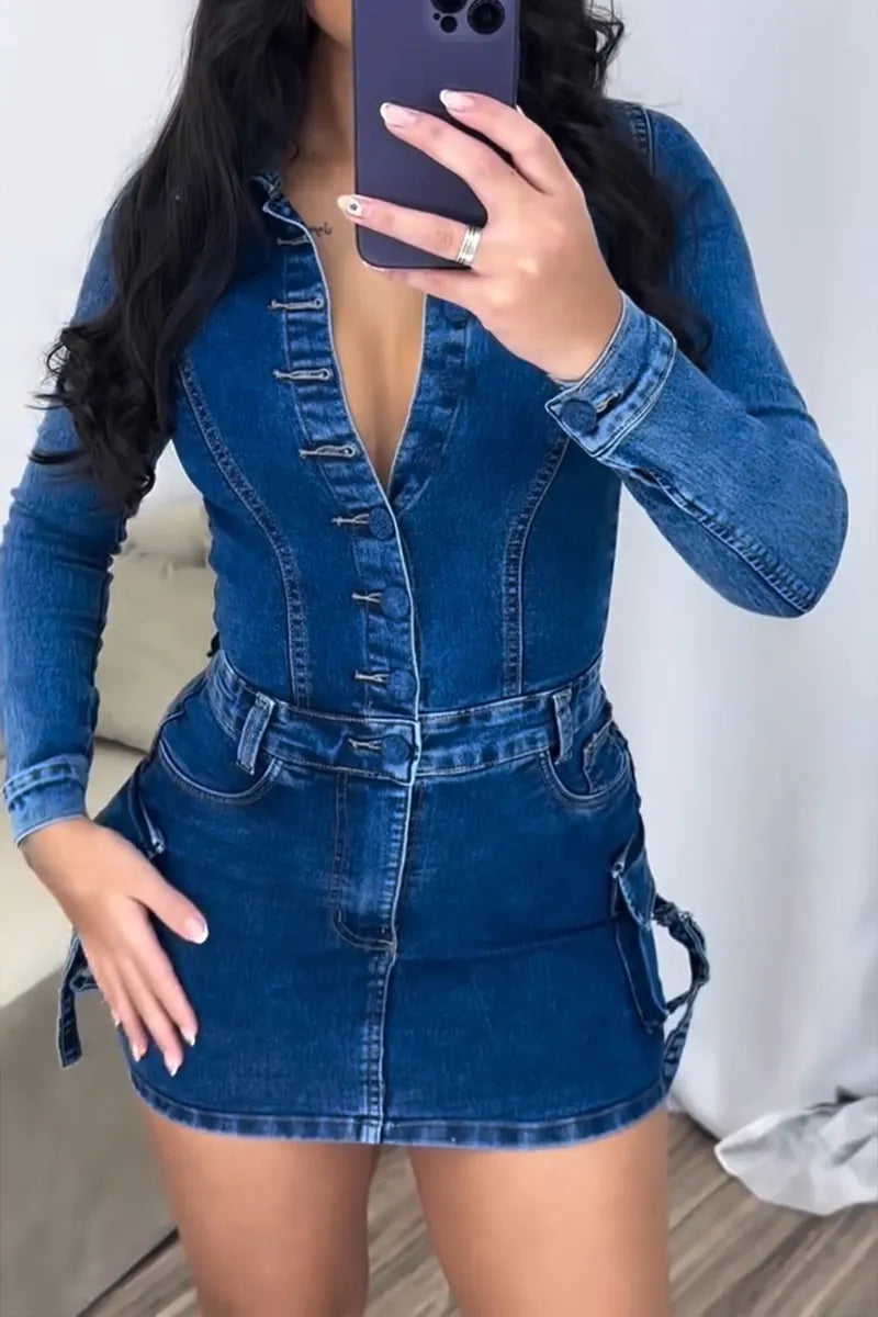 Women's Casual Button Cargo Pocket Denim Mini Dress