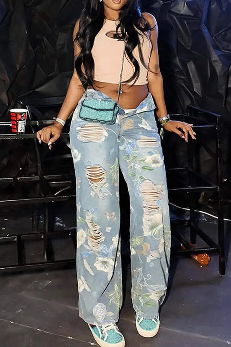 Women's Street Floral Graffiti Print Distressed Jeans
