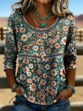 Women's Vintage Floral Print Casual Hollow-Out Denim Shirt