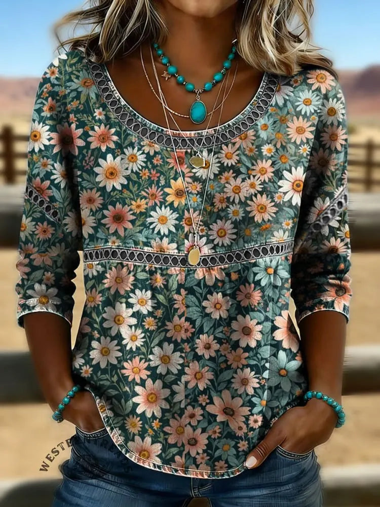 Women's Vintage Floral Print Casual Hollow-Out Denim Shirt