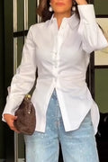 Women Collar Back Hollow Strap Design Shirt + Rhinestone Washed Denim Jeans