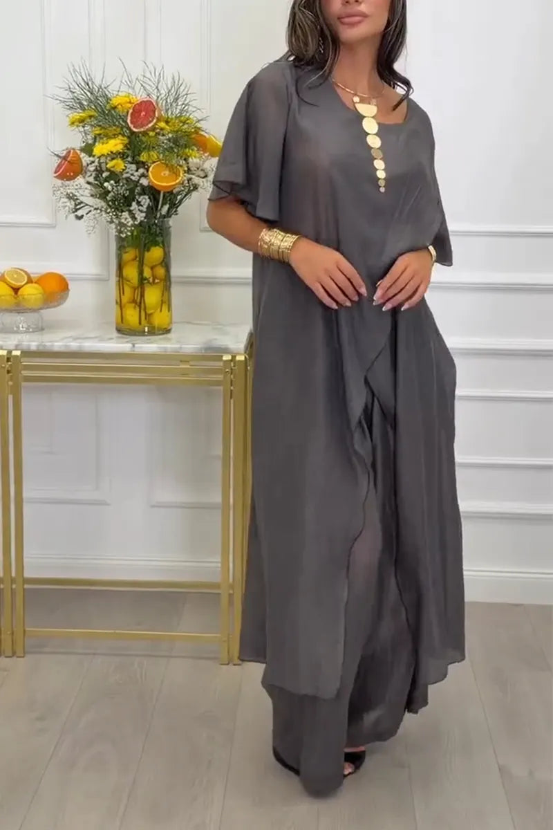Women's Round Neck Spliced Slit Long Top+ Pants Casual Suit