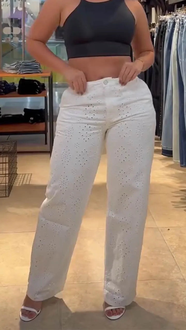 Women Pattern Hollowed Out Casual Pants