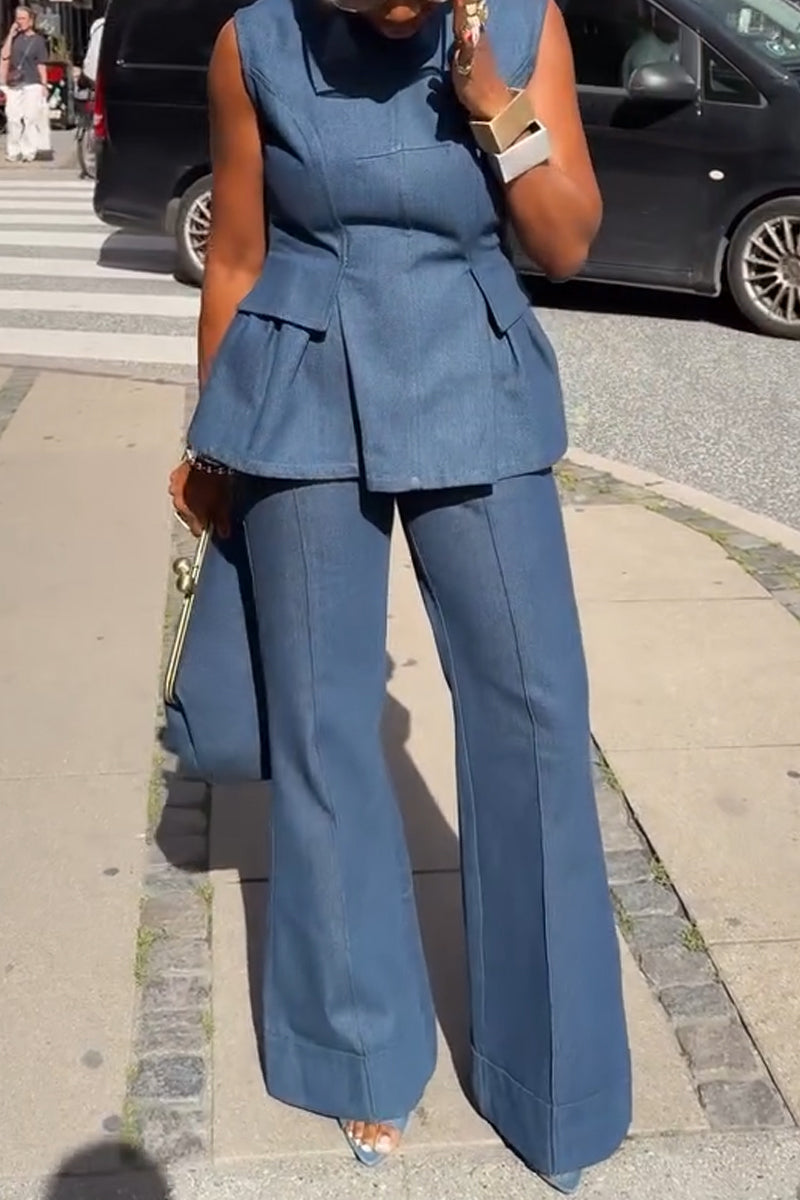 Women's Round Neck Back Hollow Strap Denim Top or Flared Jeans