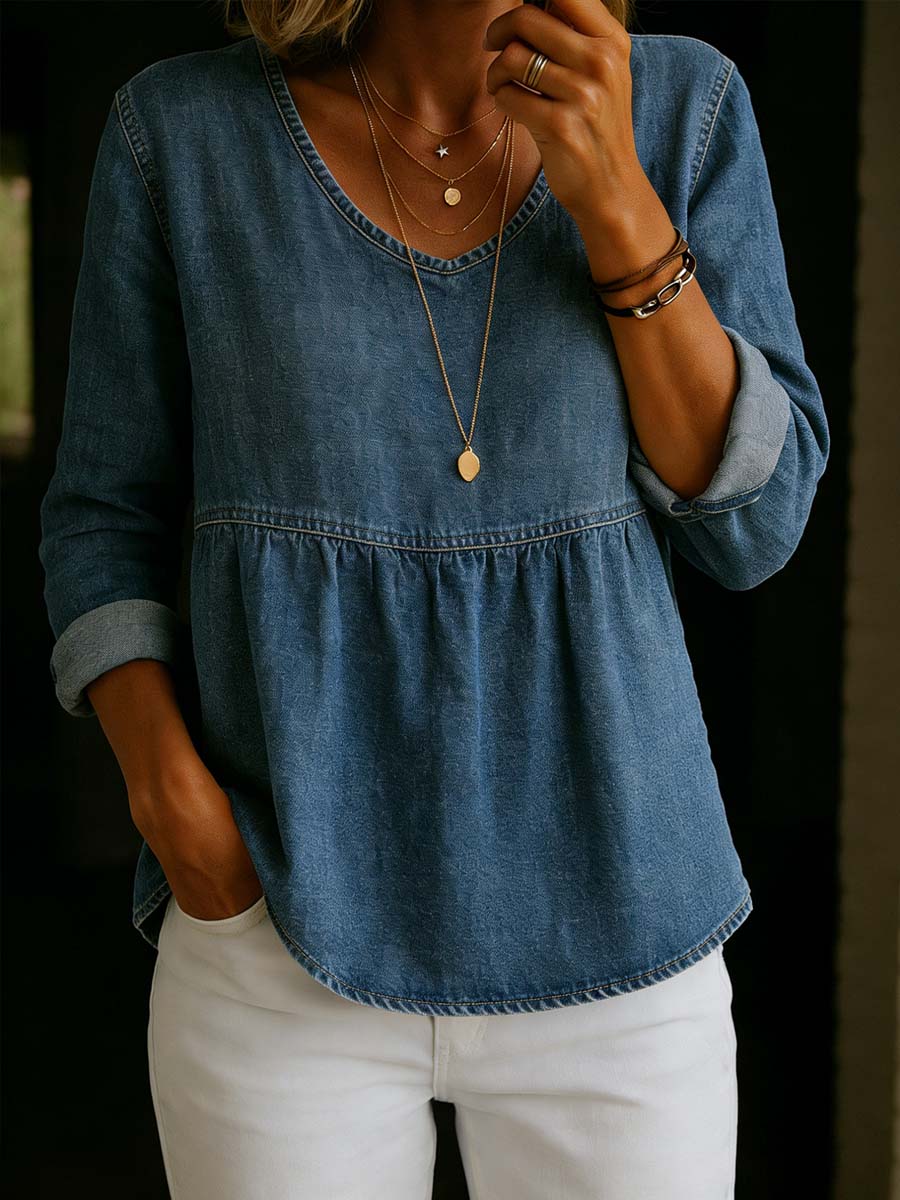 Women's Casual V-neck Denim Top