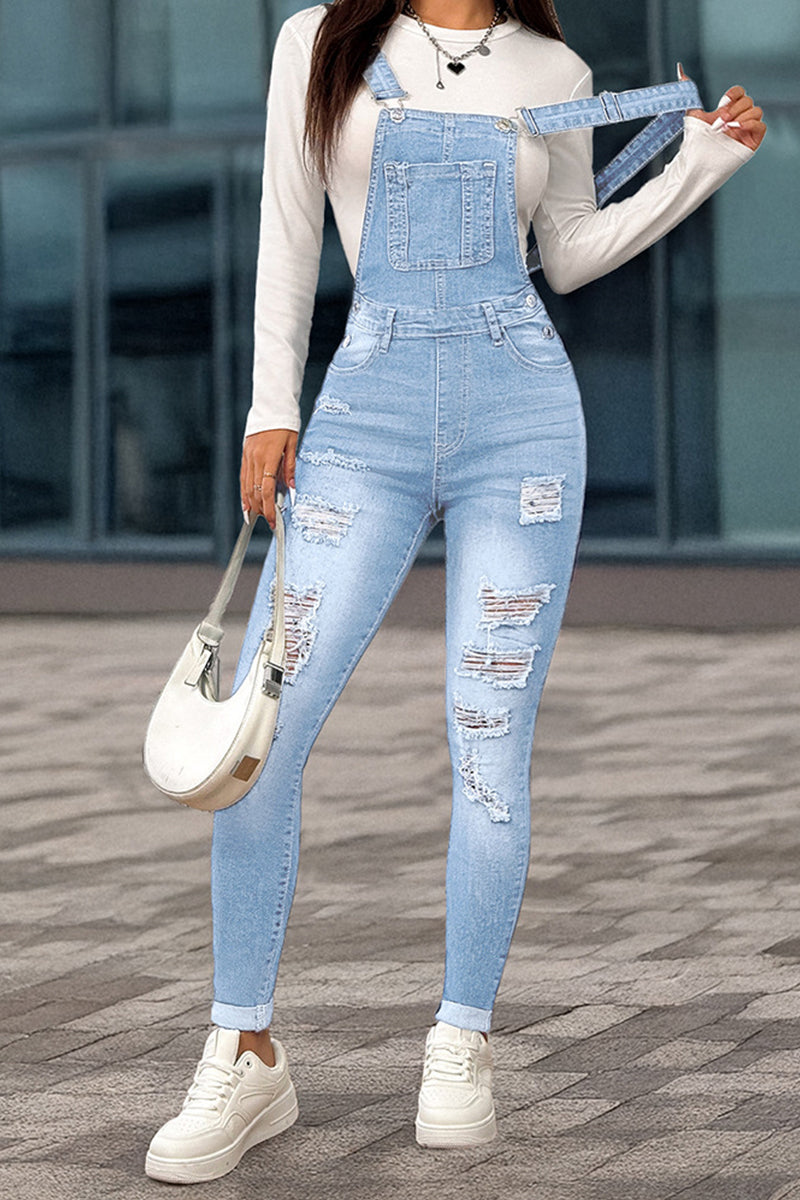 Women's Stretch Slim-Fit Ripped Denim Overalls