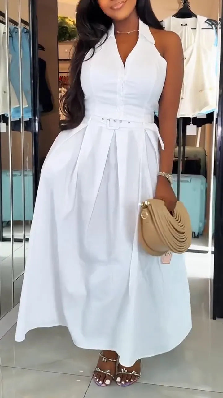 Women Collar Sleeveless Waist Cinched Solid Color Elegant Casual Dress
