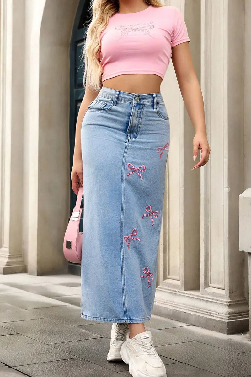 Women's Versatile Bow Straight Denim Skirt