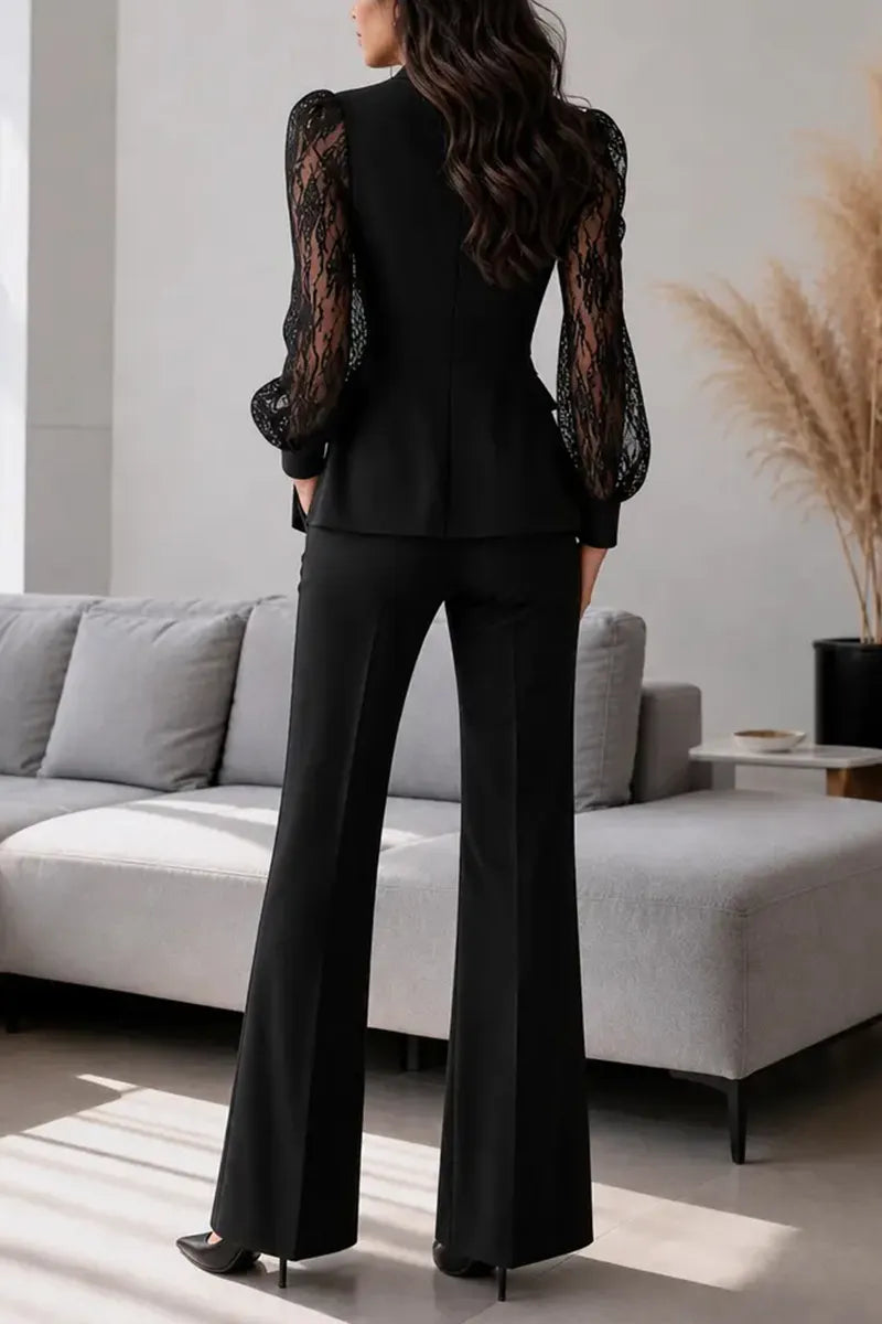 Women's Elegant Slim Fit Lace Sleeve Black Blazer Wide Leg Pants Set