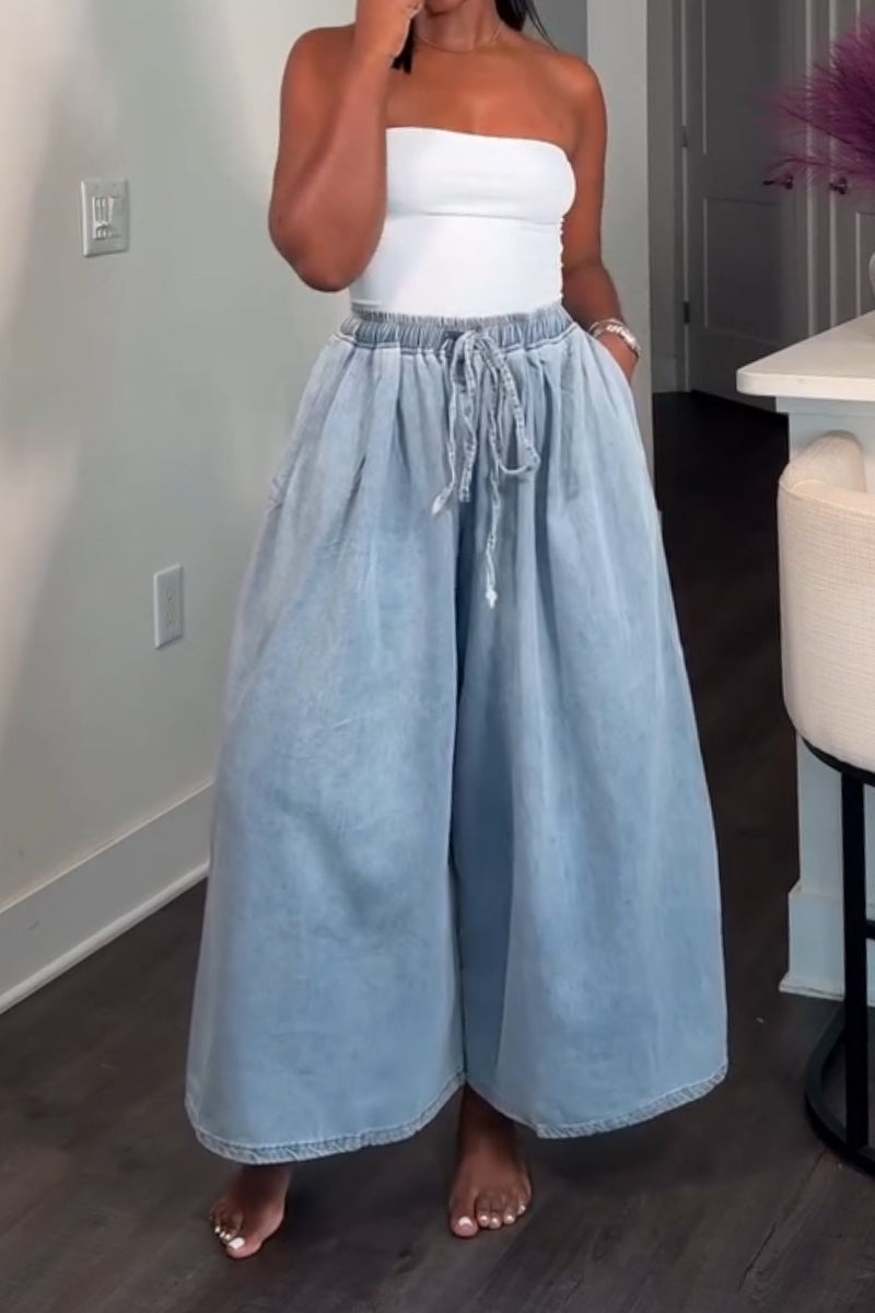 Women's Drawstring Washed Casual Wide Leg Jeans