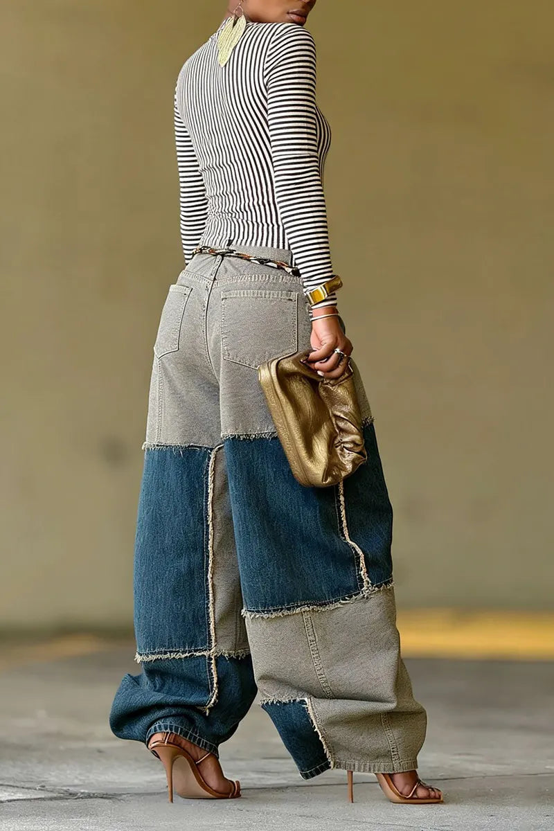 Women's Two-Tone Color Block Hem Raw Jeans