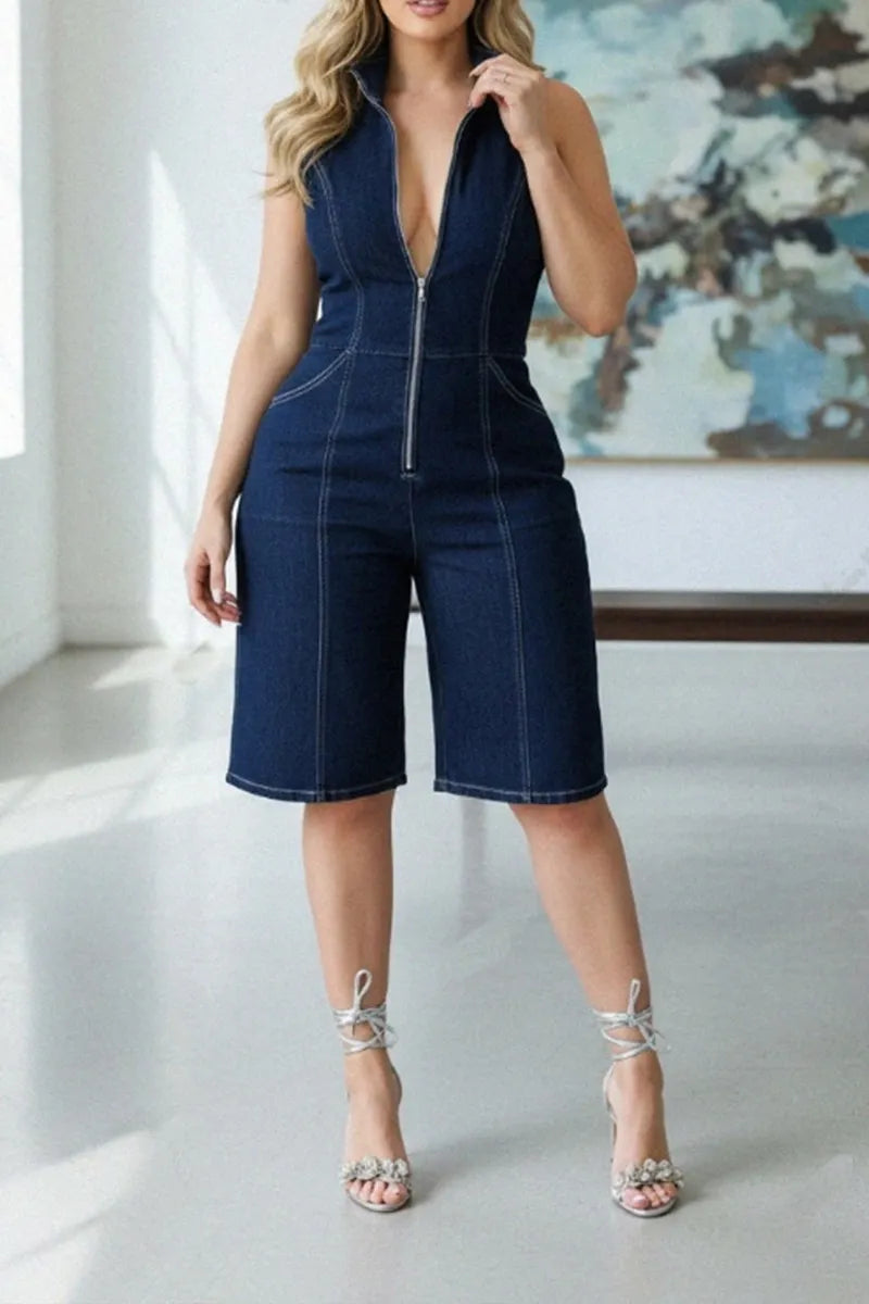 Women's Casual Zippered Denim Jumpsuit