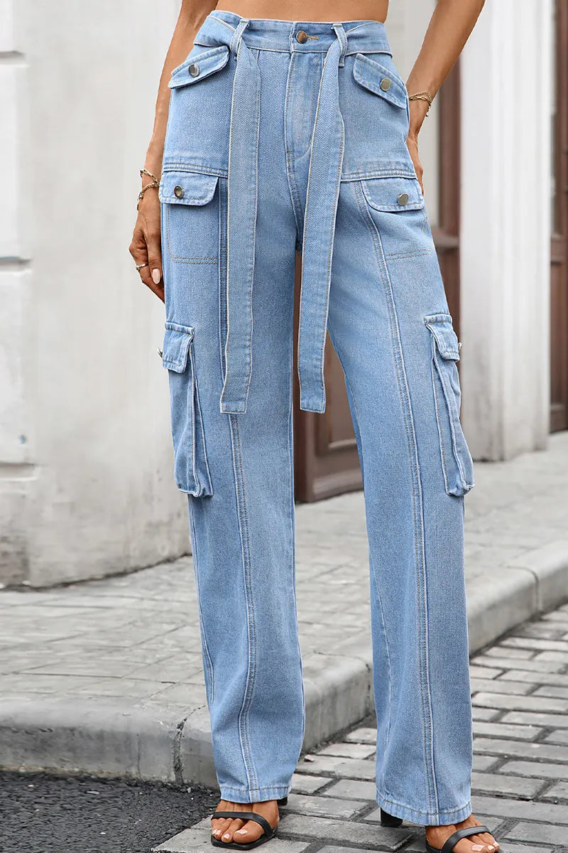 Women's Waistband Multi Pocket Utility Cargo Jeans