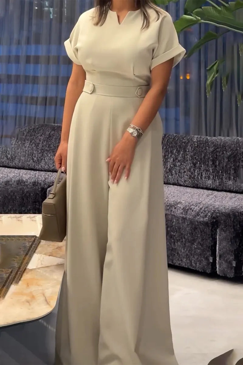 Women's Round Neck Waist Cinched Solid Color Casual Jumpsuit with Temperament