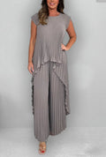 Women's Round Neck Splicing Pleated Irregular Casual Suit