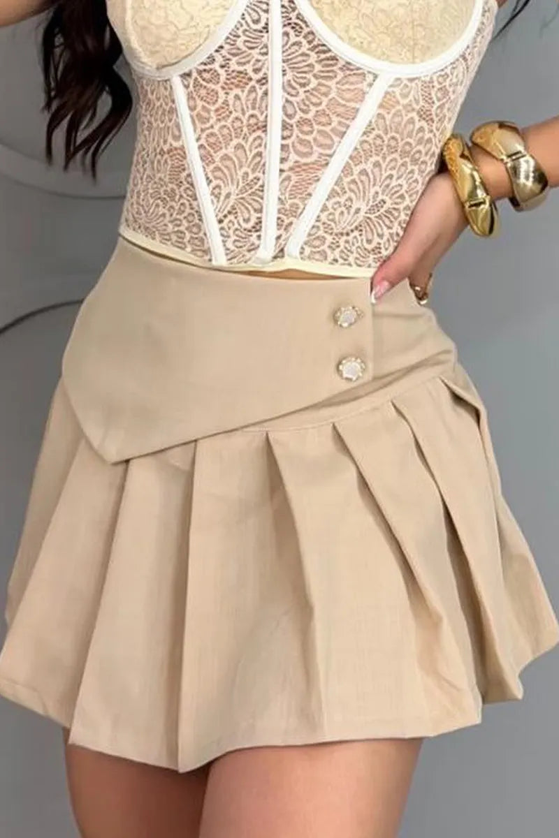 Women Khaki High Waist Wrap Button Pleated Mini Skort