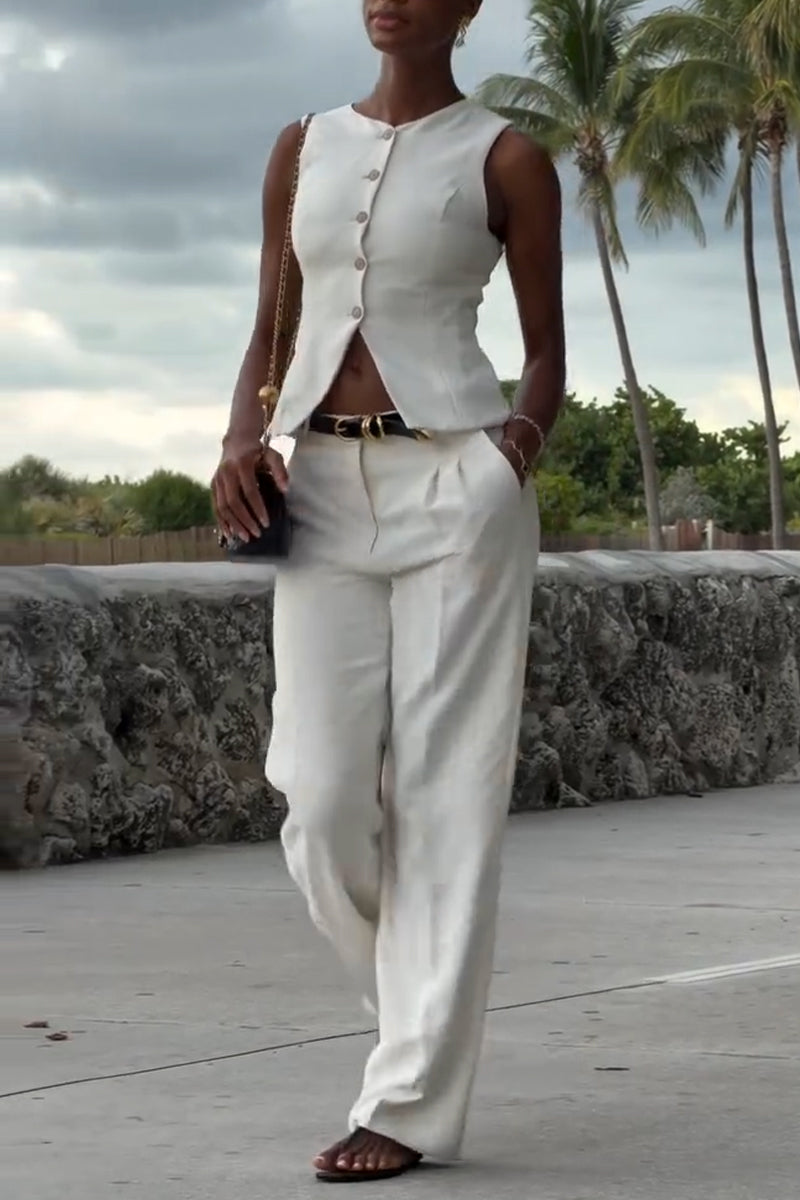 Women's Round Neck Sleeveless Breasted Top+ Pants Casual Suit