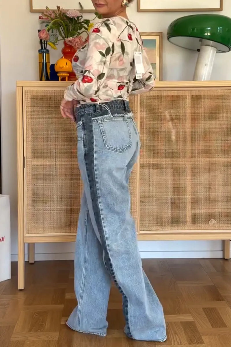 Women's Bestseller Fashion Color Block Washed Wide Leg Jeans