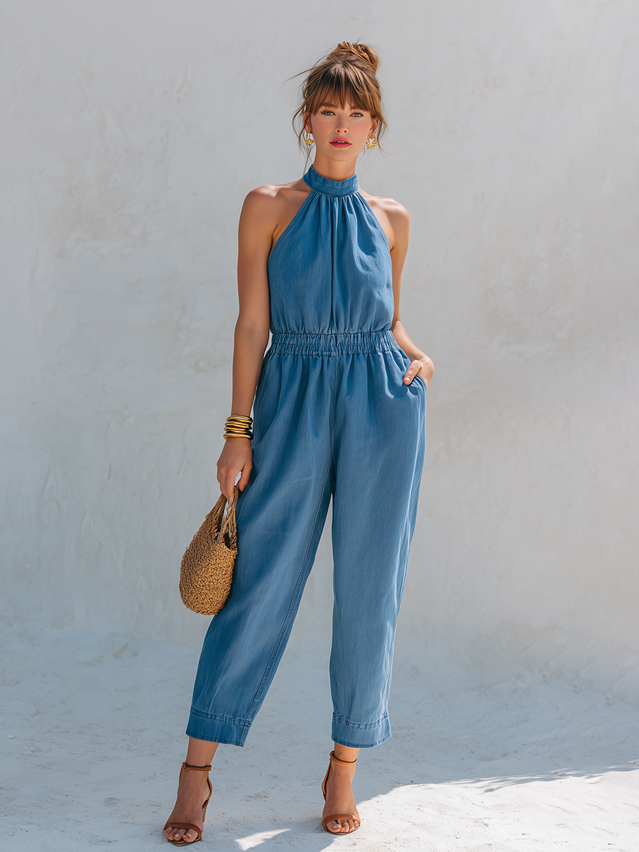 Chic Vacation-Style Mock Neck Sleeveless Denim Jumpsuit