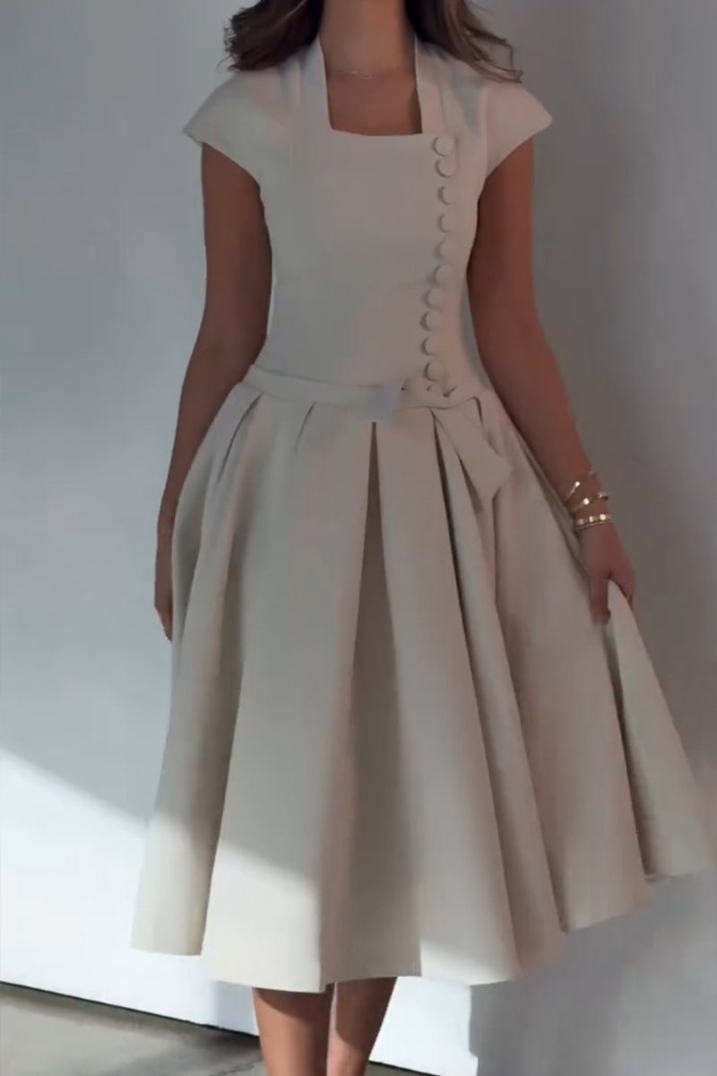 Women's Elegant Button Waist Cinching Pleated Hem Midi Dress