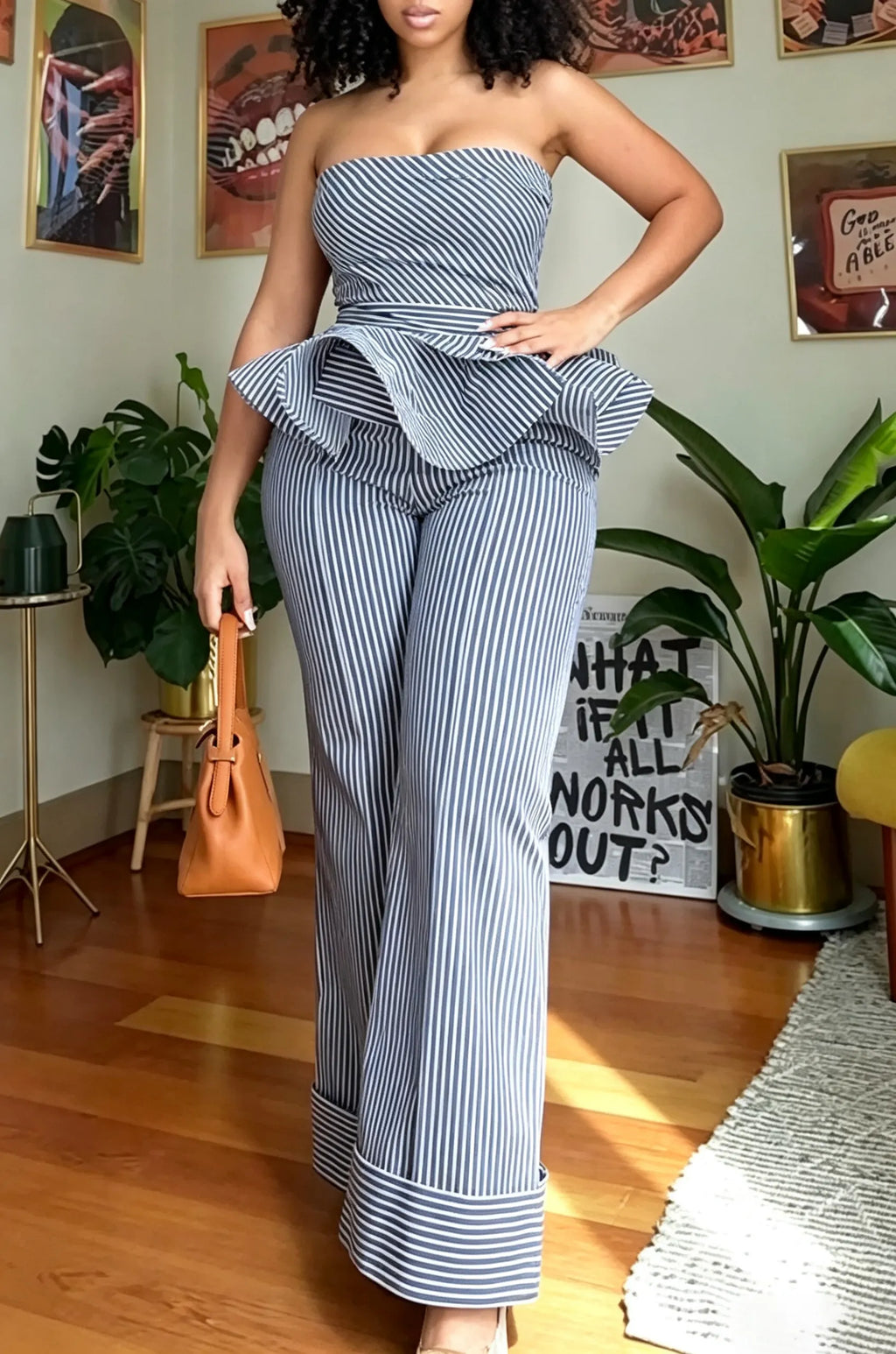 Women's Casual Ruffle Hem Strapless Top Wide Leg Stripe Pants Two-Piece Set