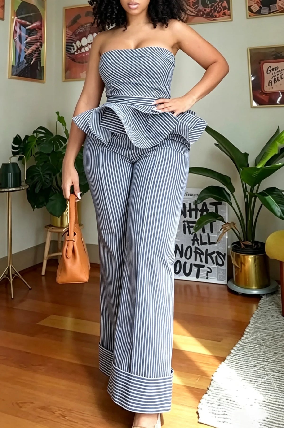 Women's Casual Ruffle Hem Strapless Top Wide Leg Stripe Pants Two-Piece Set