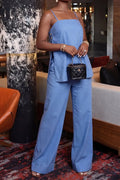 Women's Casual Light Blue Spaghetti Strap Tunic Top or  Wide Leg Pants Co-Ord