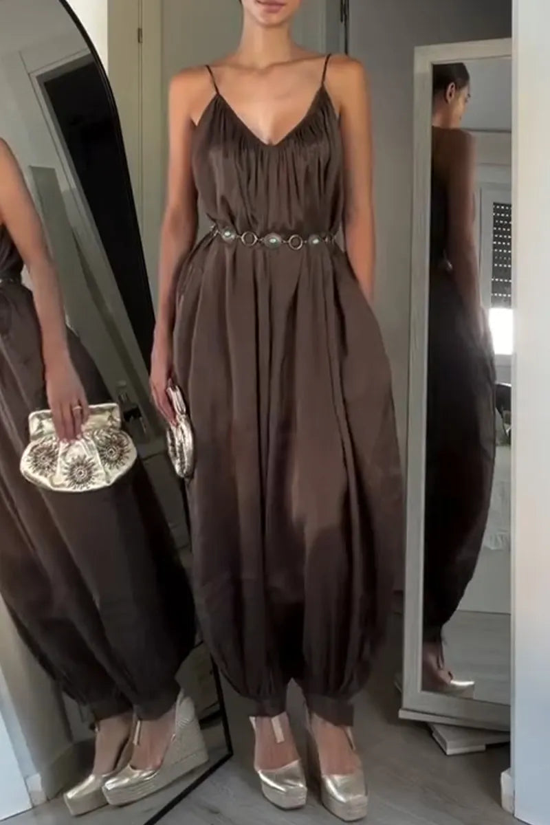 Women's Casual Wide Leg Data Loose Strappy Jumpsuit