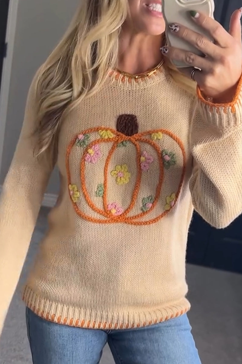 Women Crew Neck Knitted Embroidered Thanksgiving Casual Sweater