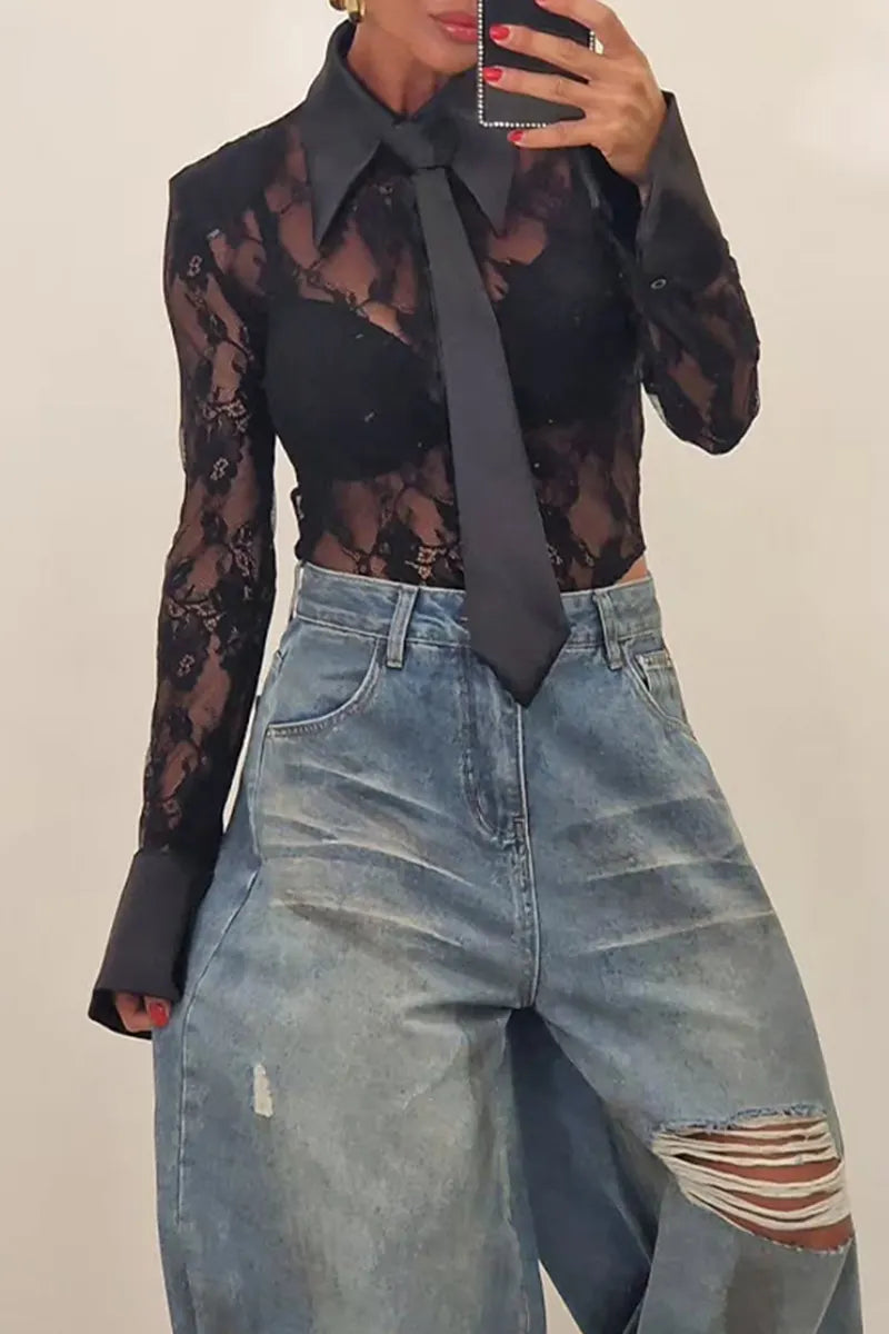 Women's Fashion Satin Patchwork Lace Bodysuit or Wide Leg Jeans
