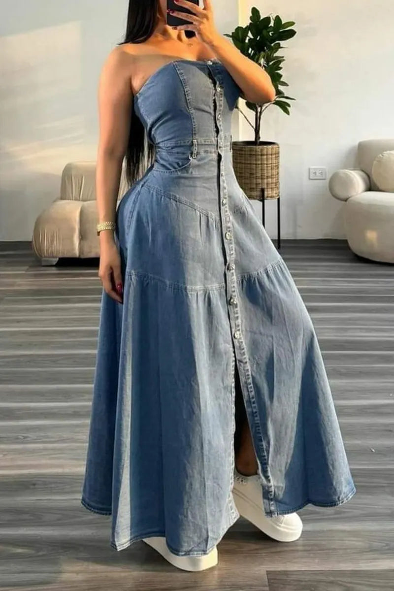 Women's Casual Off Shoulder Tube Top High Waist Ruffle Hem Denim Maxi Dress