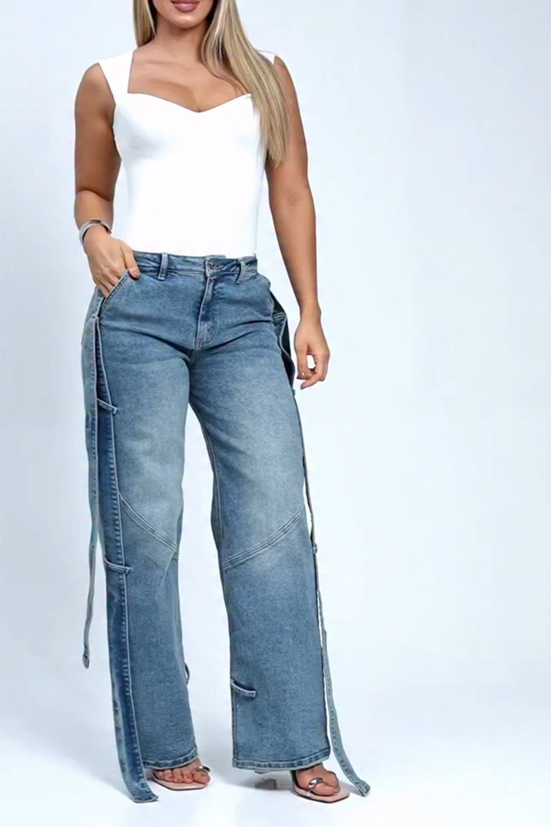 Women's Casual Side Streamer Trim Wide Leg Jeans