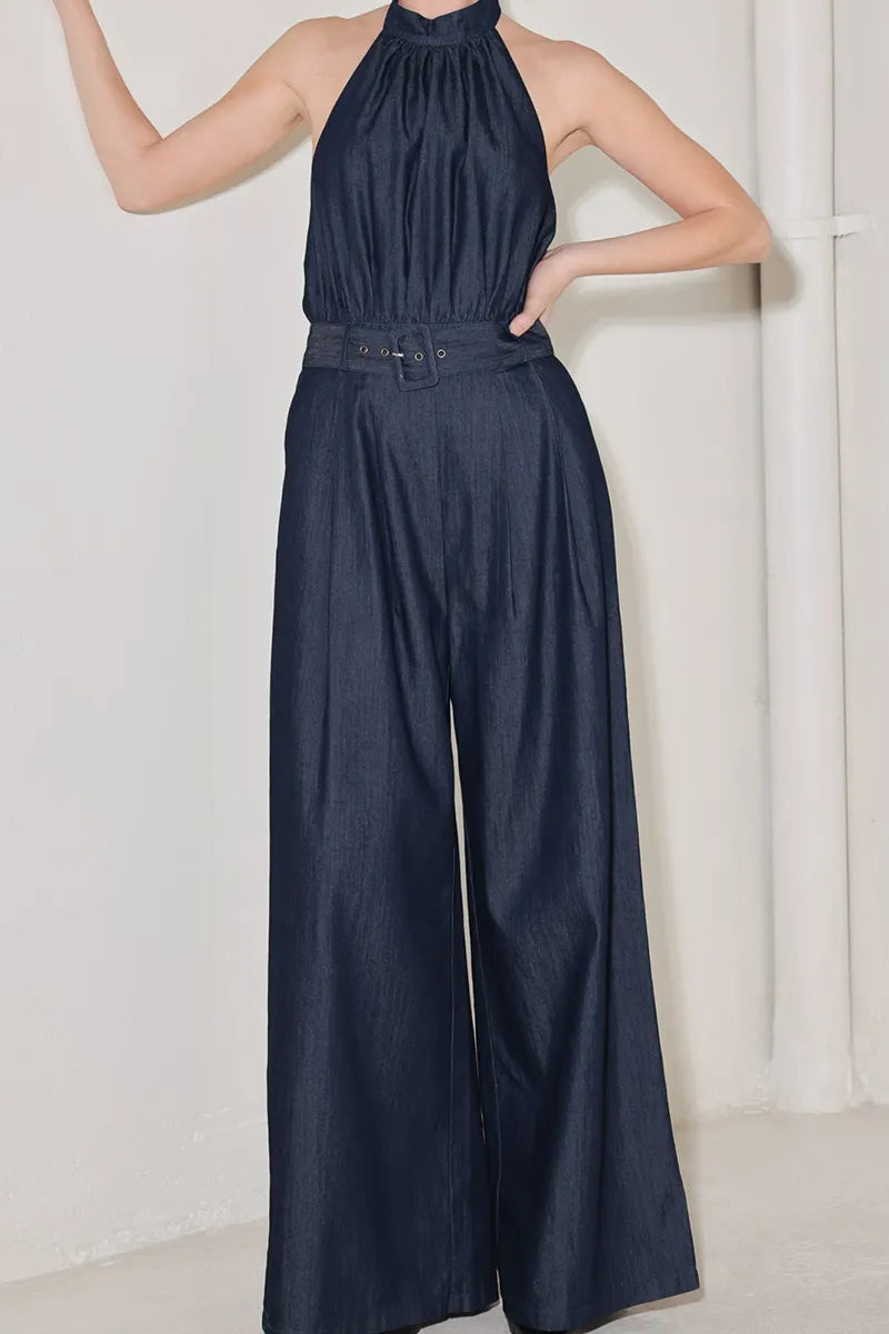 Women's Elegant Halter Neck Denim Jumpsuit