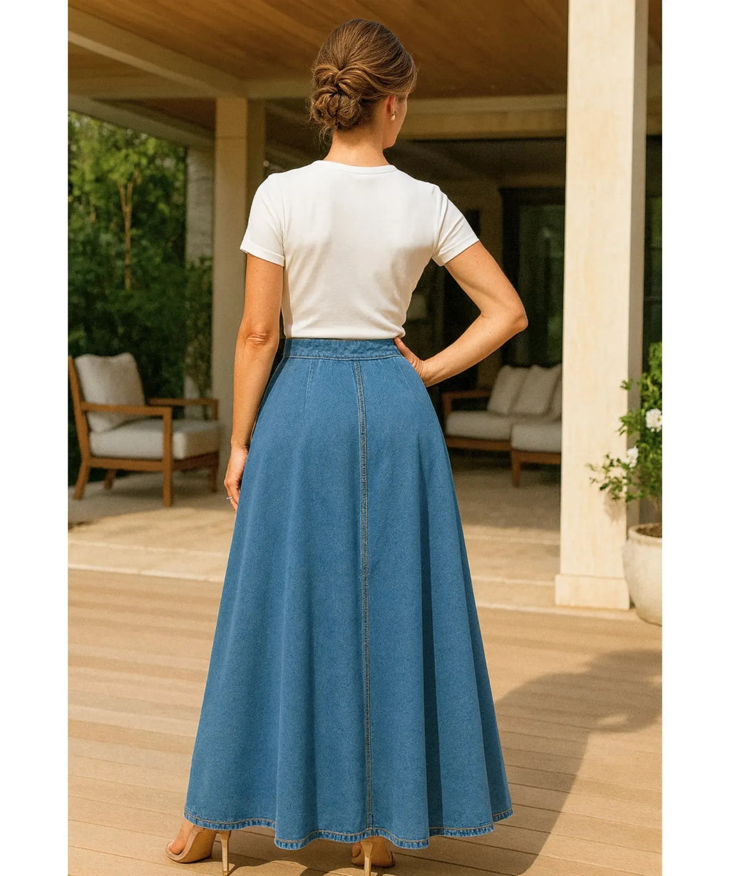 Denim Maxi Skirt - Sculpt Your Curves and Own Every Room with Effortless Grace