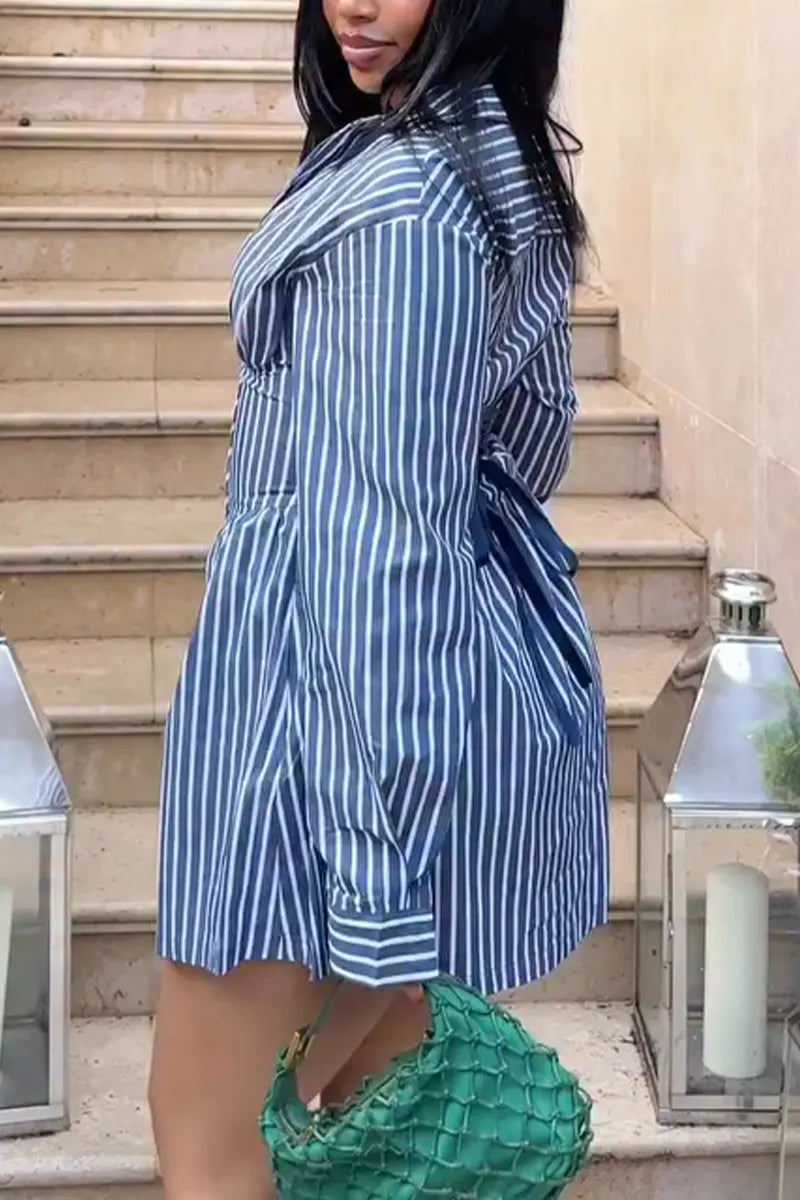 Women's Collar with Vertical Stripes and Waist Cinching Elegant Temperament Dress