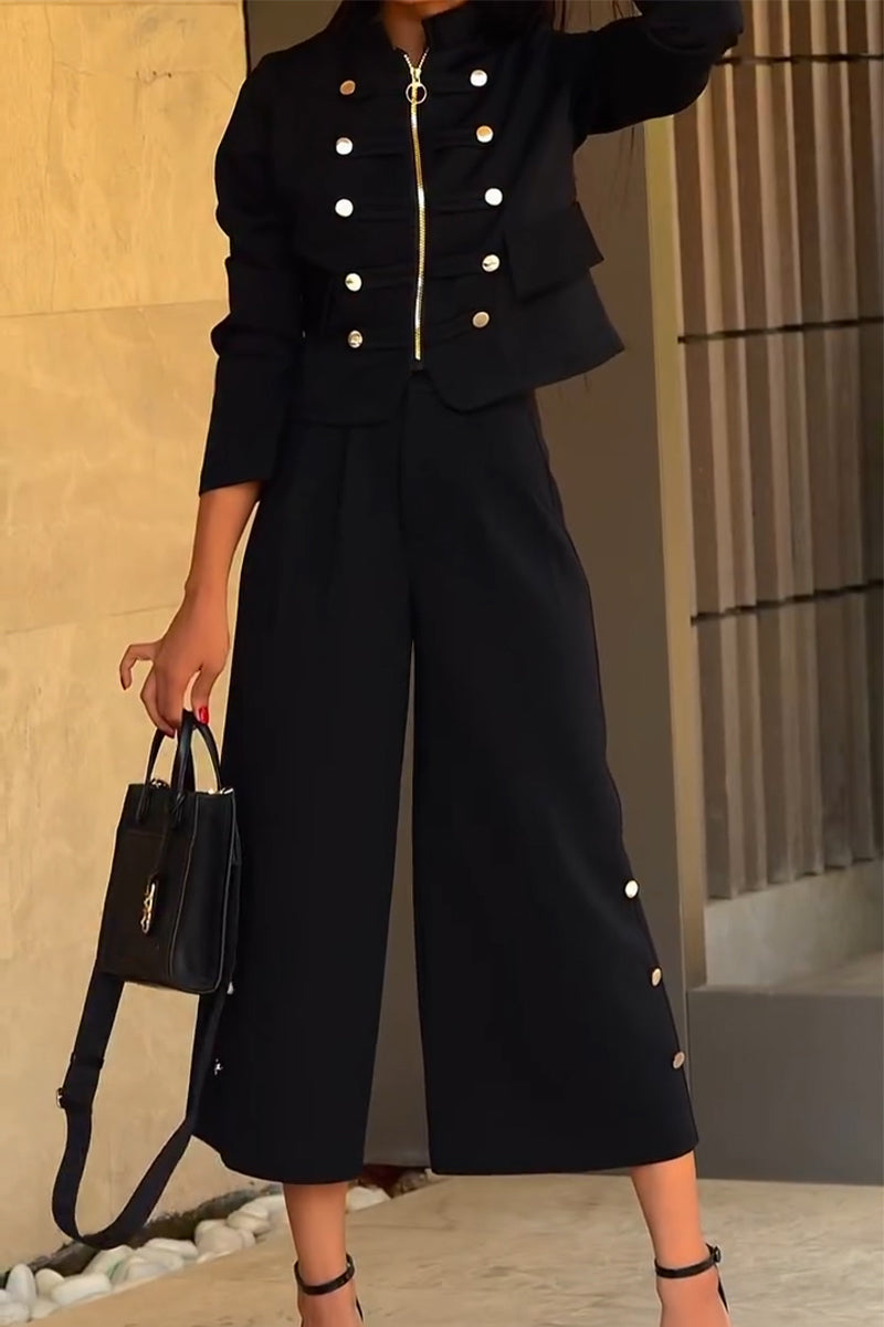 Women's Round Neck Double Breasted Zipper Jacket+ Pants Casual Set