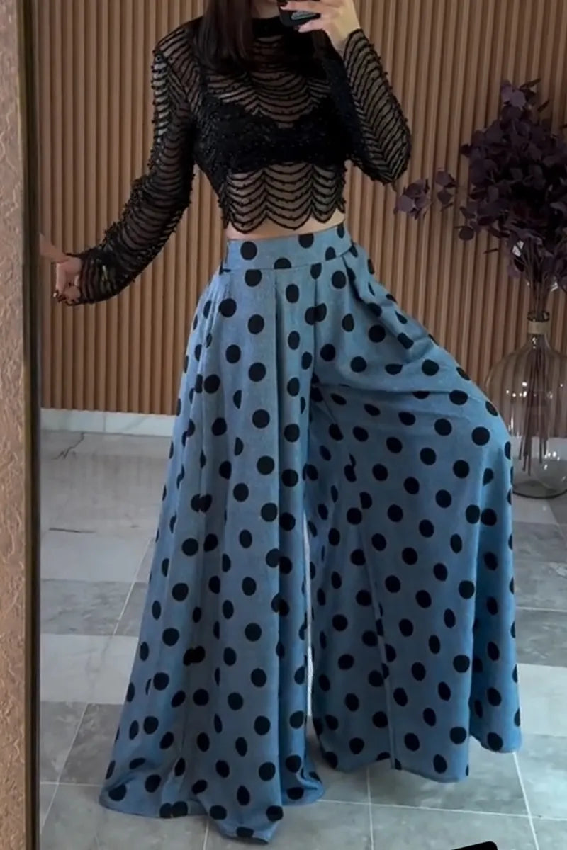 Women's Fashion Wide Leg Loose Polka Dot High Waist Pants