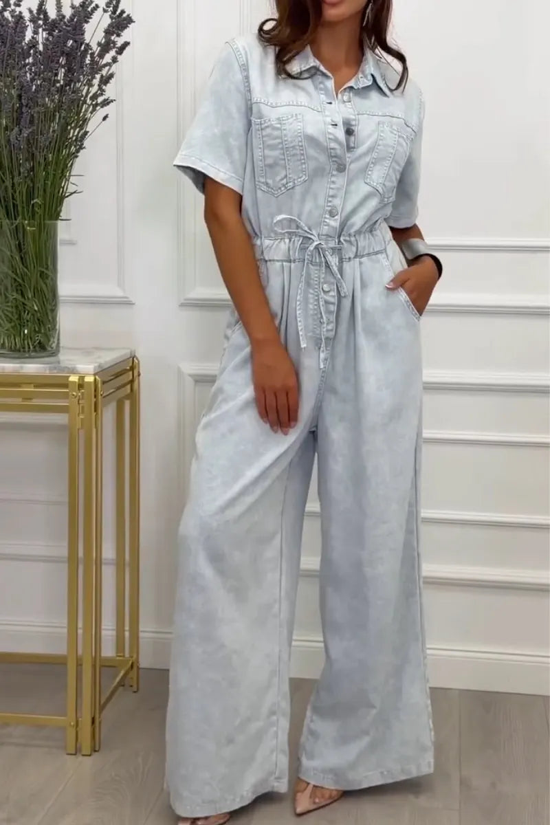 Women's Collar Splicing Waist Cinching Casual Wash Denim Jumpsuit