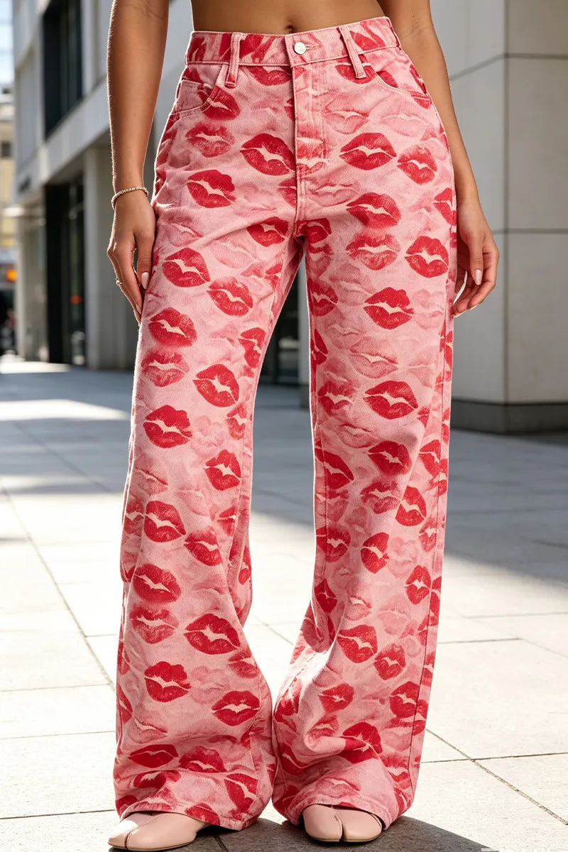 Women's Lip Print Casual Wide Leg Jeans
