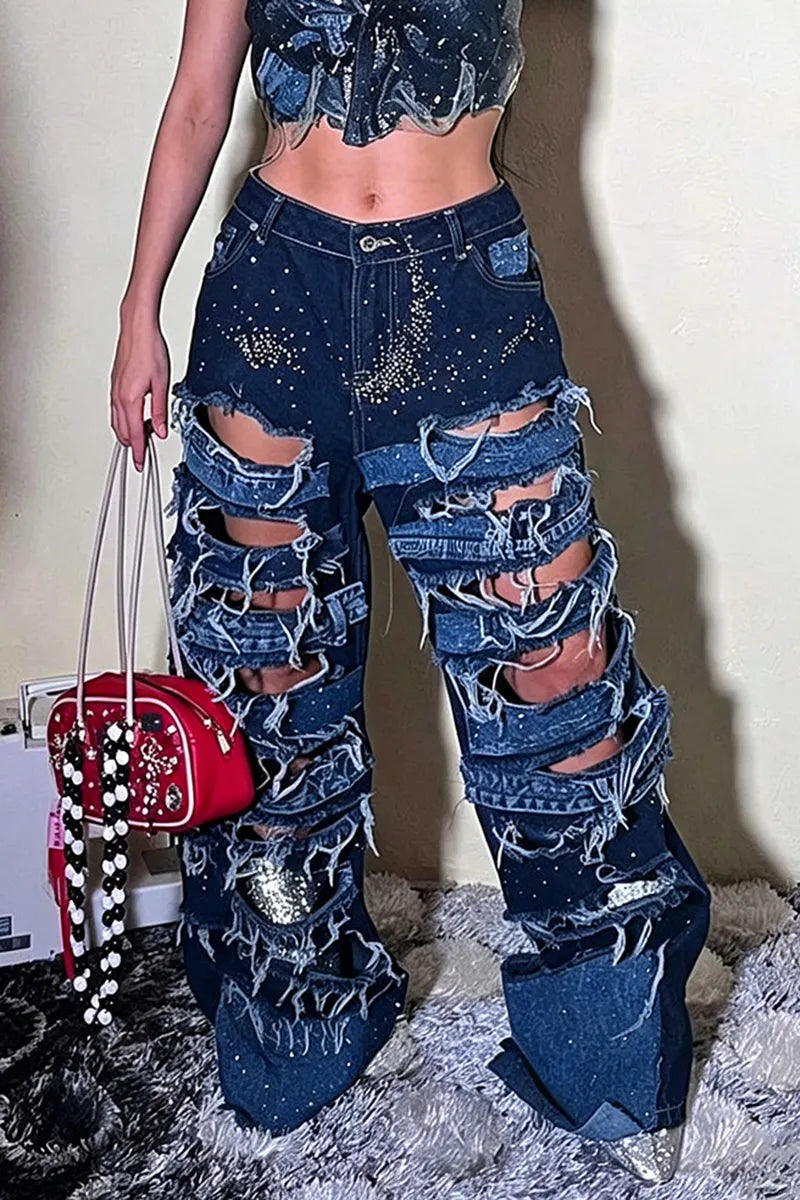 Women's Street Bustier or Ripped Panel Foil Print Jeans