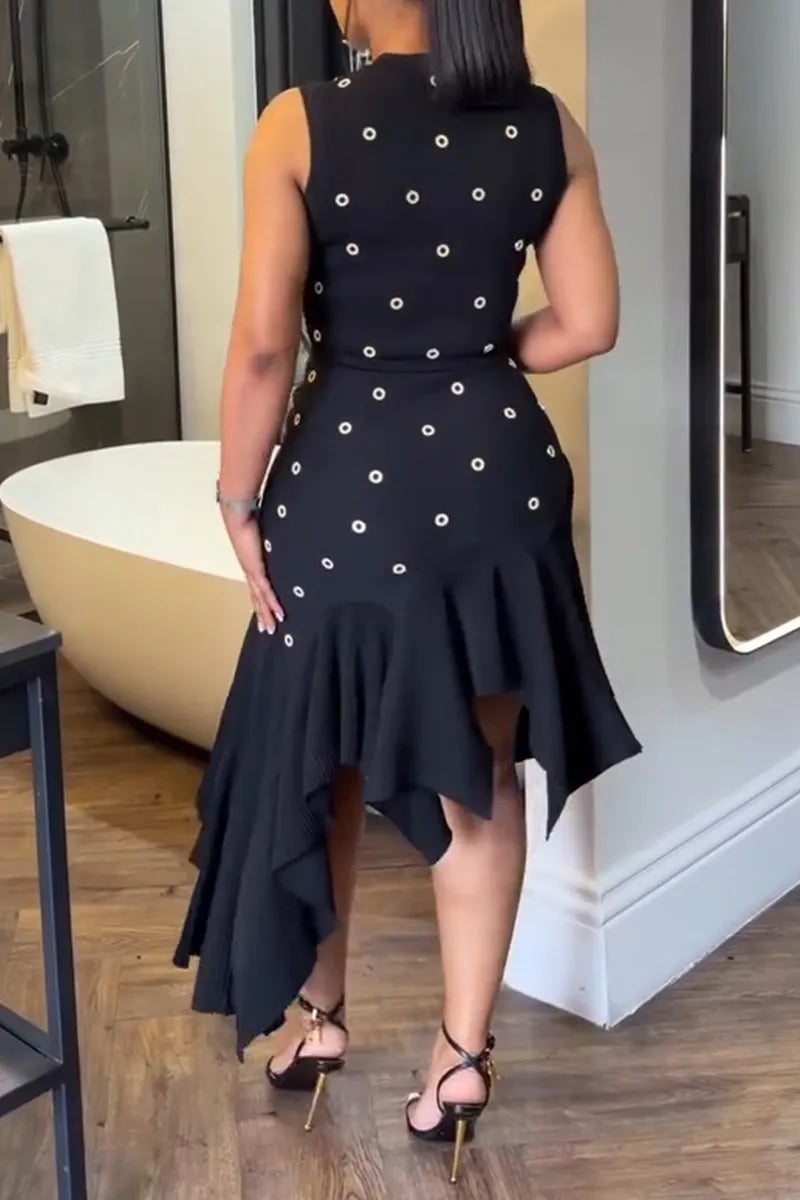 Women's Fashion Metal Cut Out Decoration Top Asymmetric Hem Skirt Two Piece Set