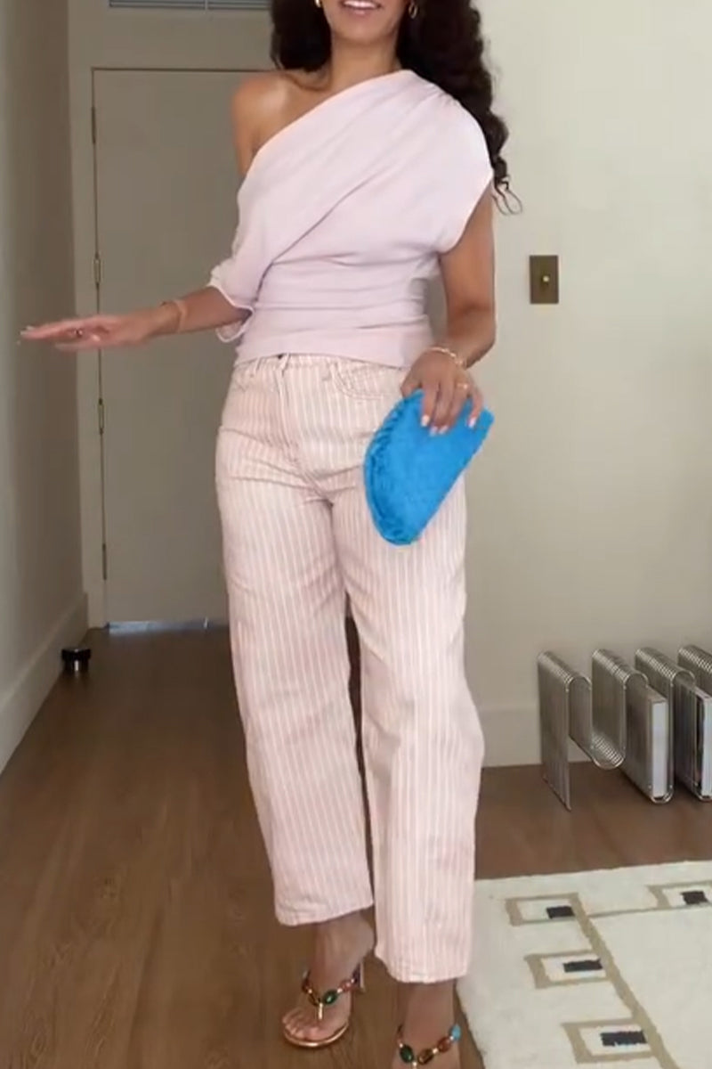 Women's Slanted Neck Solid Color Top or Vertical Striped Wide Leg Pants