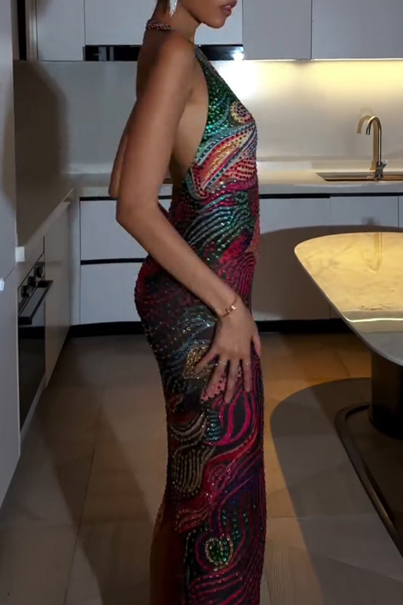 Women's Elegant Pattern Shiny Rhinestone Party Maxi Dress