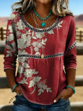 Women's Floral Print Casual Hollow Denim Shirt